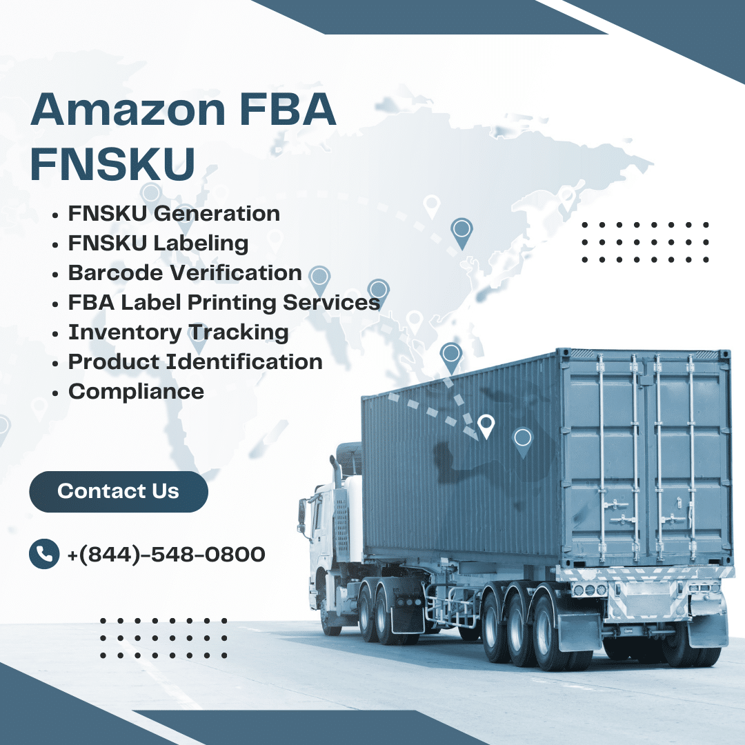 Blue and white cargo container with text explaining Amazon FBA FNSKU. Text describes FNSKU as a unique barcode for each product in a seller’s FBA inventory.
