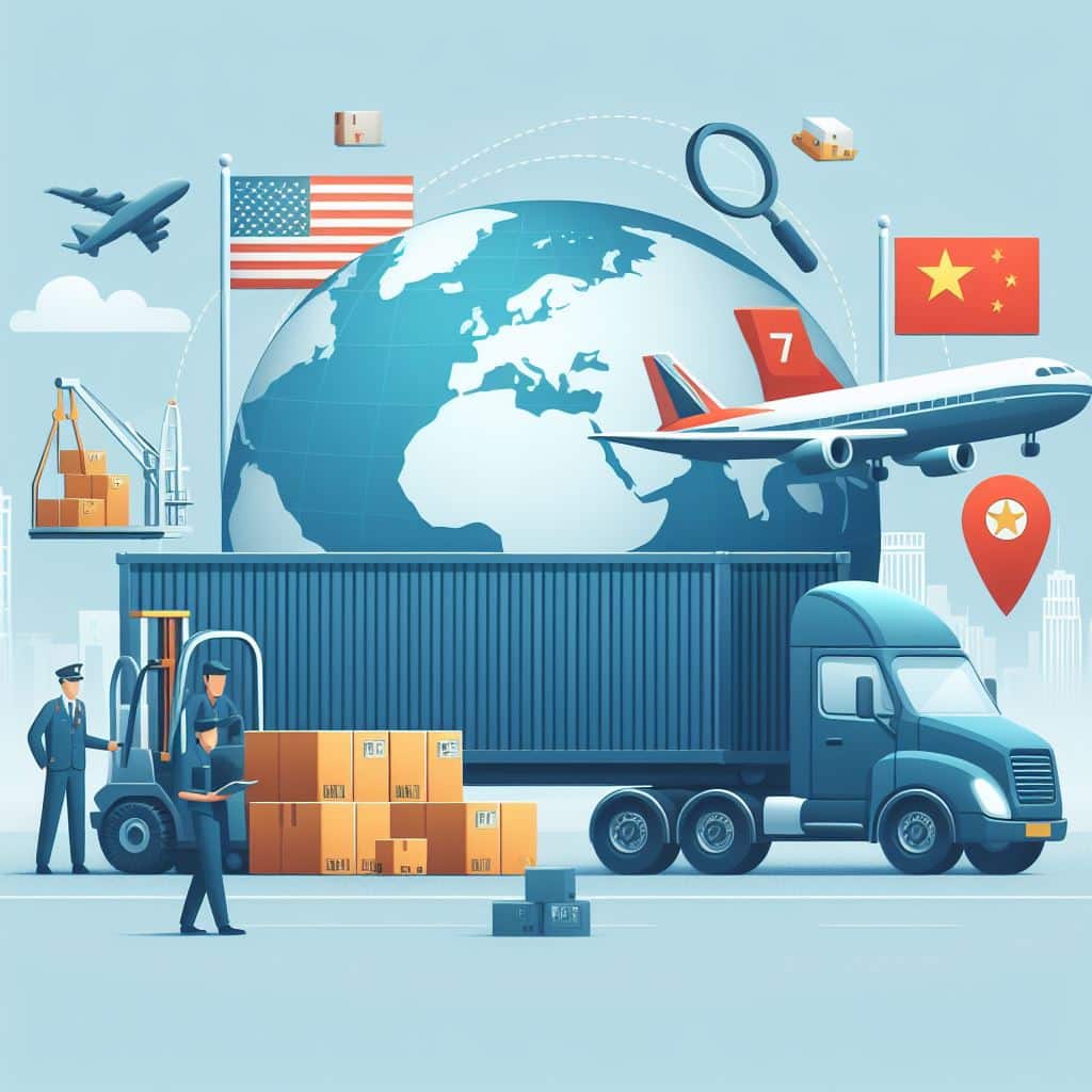 An illustration of a blue globe with airplane trails and a red truck driving on a road toward a warehouse.