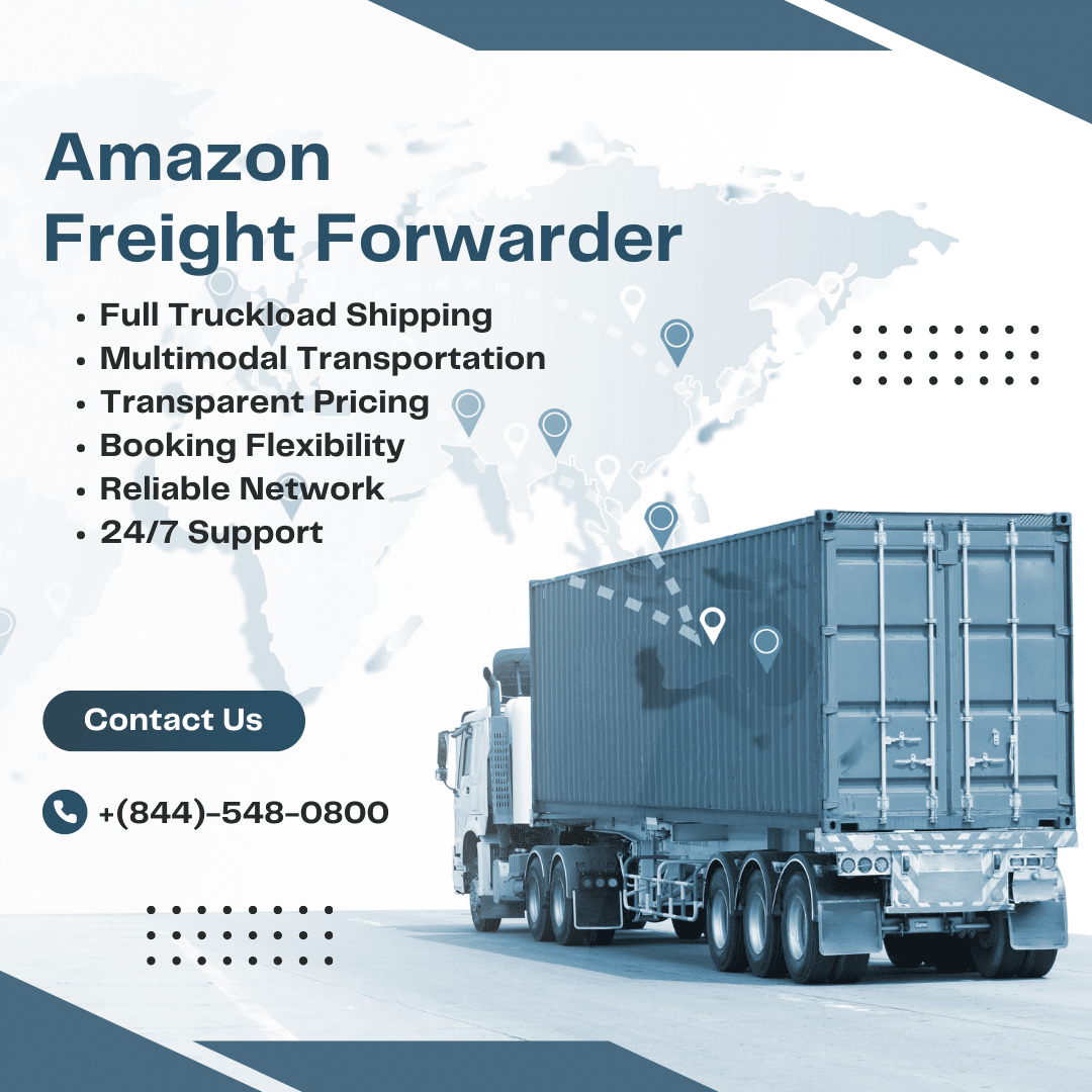 A large blue truck with the Amazon logo on the side pulling a shipping container trailer. Text on the container advertises Amazon Freight services including full truckload shipping, multimodal transportation, transparent pricing, 24/7 support, and a reliable network.