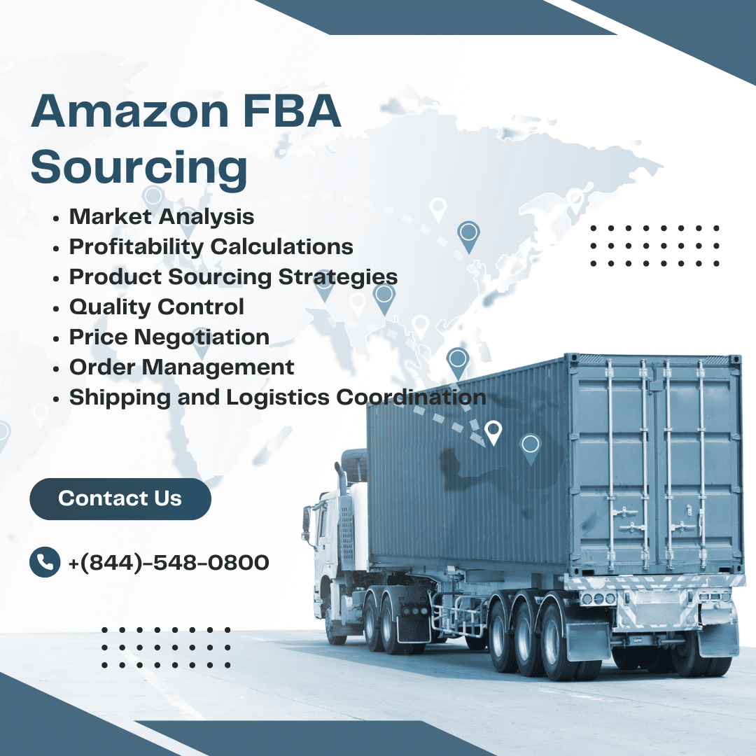 A semi truck with a shipping container advertising Amazon FBA product sourcing services. Services include market analysis, profitability calculations, product sourcing strategies, supplier identification, price negotiation, order management, and inspection & quality control.