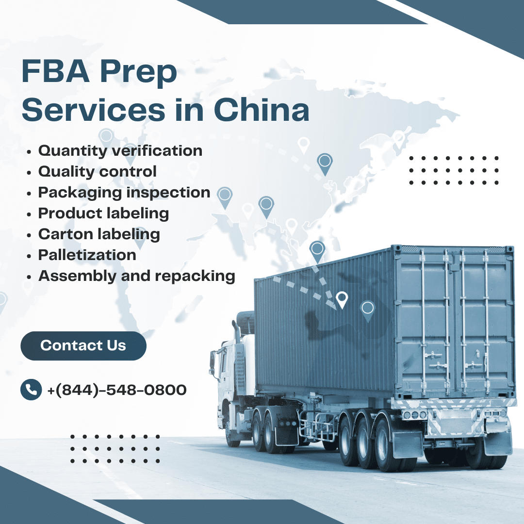 A blue and white container with text listing FBA prep services in China. Services include quality control, labeling, packaging, palletization, and assembly.