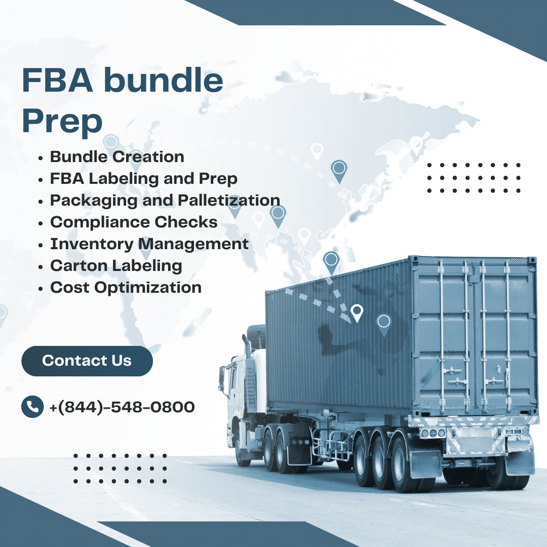 A closed shipping container with text listing FBA bundle prep services including bundle creation, FBA labeling and prep, packaging and palletization, and compliance checks.