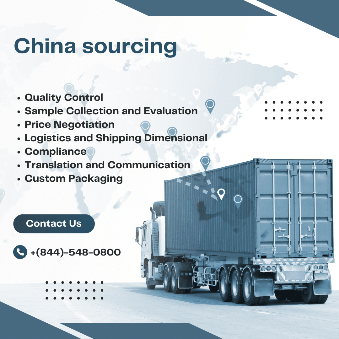 A semi truck with a container trailer driving on a highway. The text "China Sourcing" is overlaid on the top of the image. Below the text is a list of services offered by China sourcing companies, including quality control, sample collection and evaluation, price negotiation, logistics and shipping, compliance, translation and communication, and custom packaging.