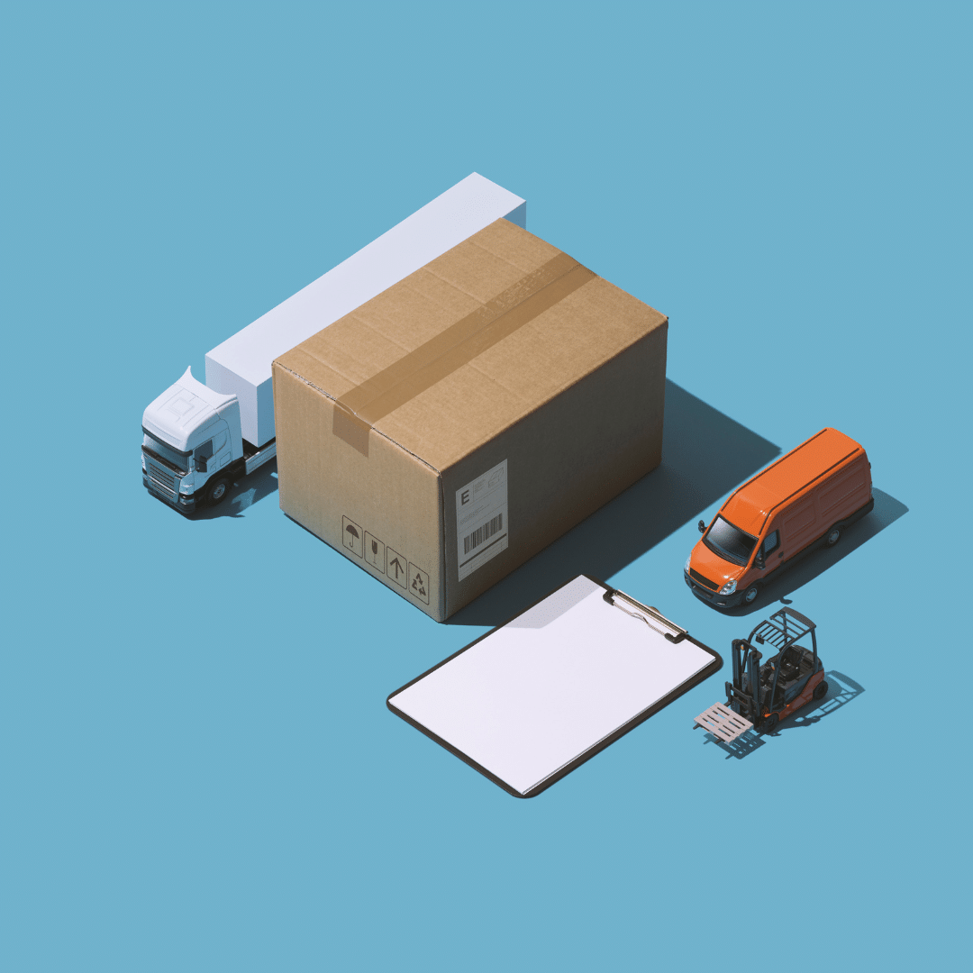 Logistics icons including a box, truck, forklift, and clipboard representing the process of express shipping from China to the USA.