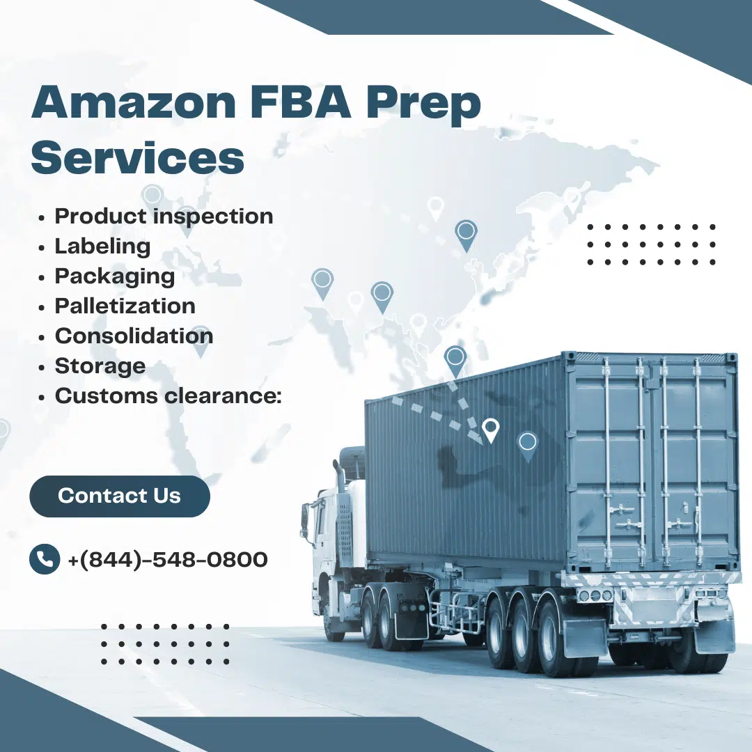 An Amazon FBA prep service advertisement showing a closed container truck on a highway. Text on the image lists Amazon FBA prep services including product inspection, labeling, packaging, palletization, consolidation, storage, and customs clearance.