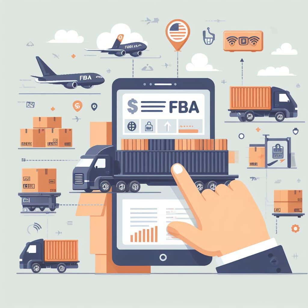 FBA packaging service 2 A hand on a tablet screen pointing to a depiction of a truck