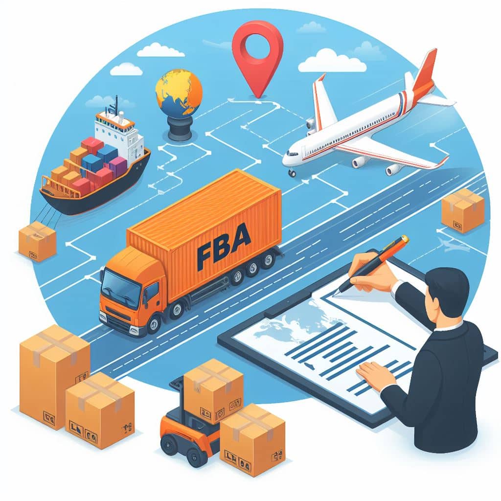Freight Forwarder FBA 2 A globe with shipment lines connecting a factory in Asia to an Amazon warehouse in the United States.
