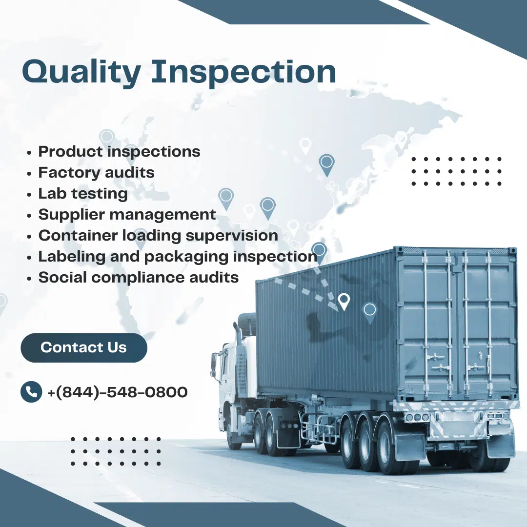 A cargo container truck with text listing China quality inspection services including product inspections, factory audits, lab testing, and more.