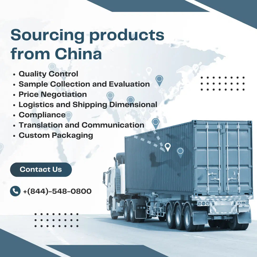 Semi truck with container trailer driving down a highway. Text on the side of the trailer advertises AV Group of Companies services including sourcing products from China, quality control, price negotiation, logistics, and custom packaging