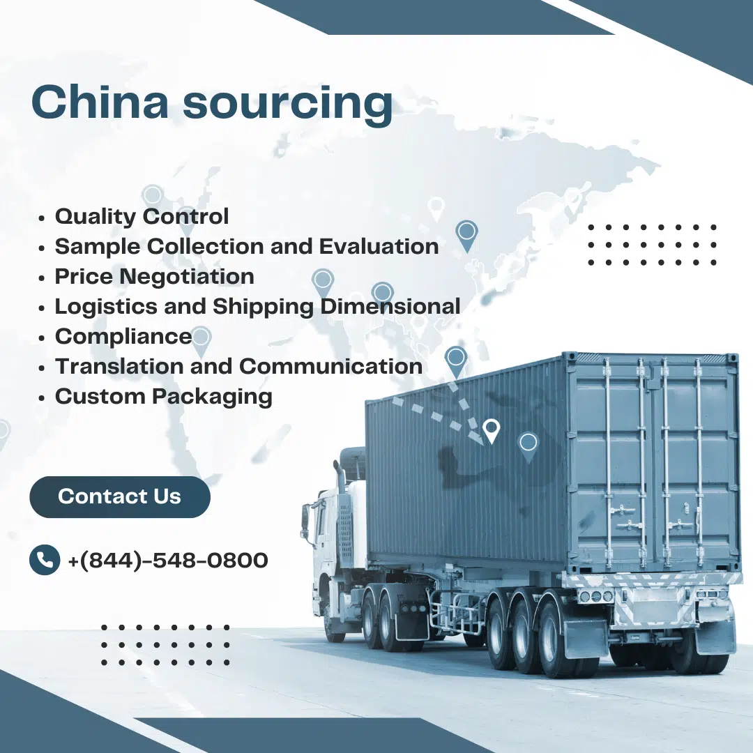 A semi truck with a container trailer driving on a highway. The text "China Sourcing" is overlaid on the top of the image. Below the text is a list of services offered by China sourcing companies, including quality control, sample collection and evaluation, price negotiation, logistics and shipping, compliance, translation and communication, and custom packaging.