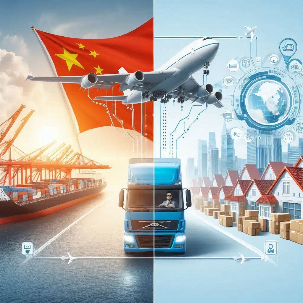 A graphic illustrating various modes of transportation employed in international shipping, such as trucks, airplanes, and cargo ships, for door to door shipping from China to the USA.