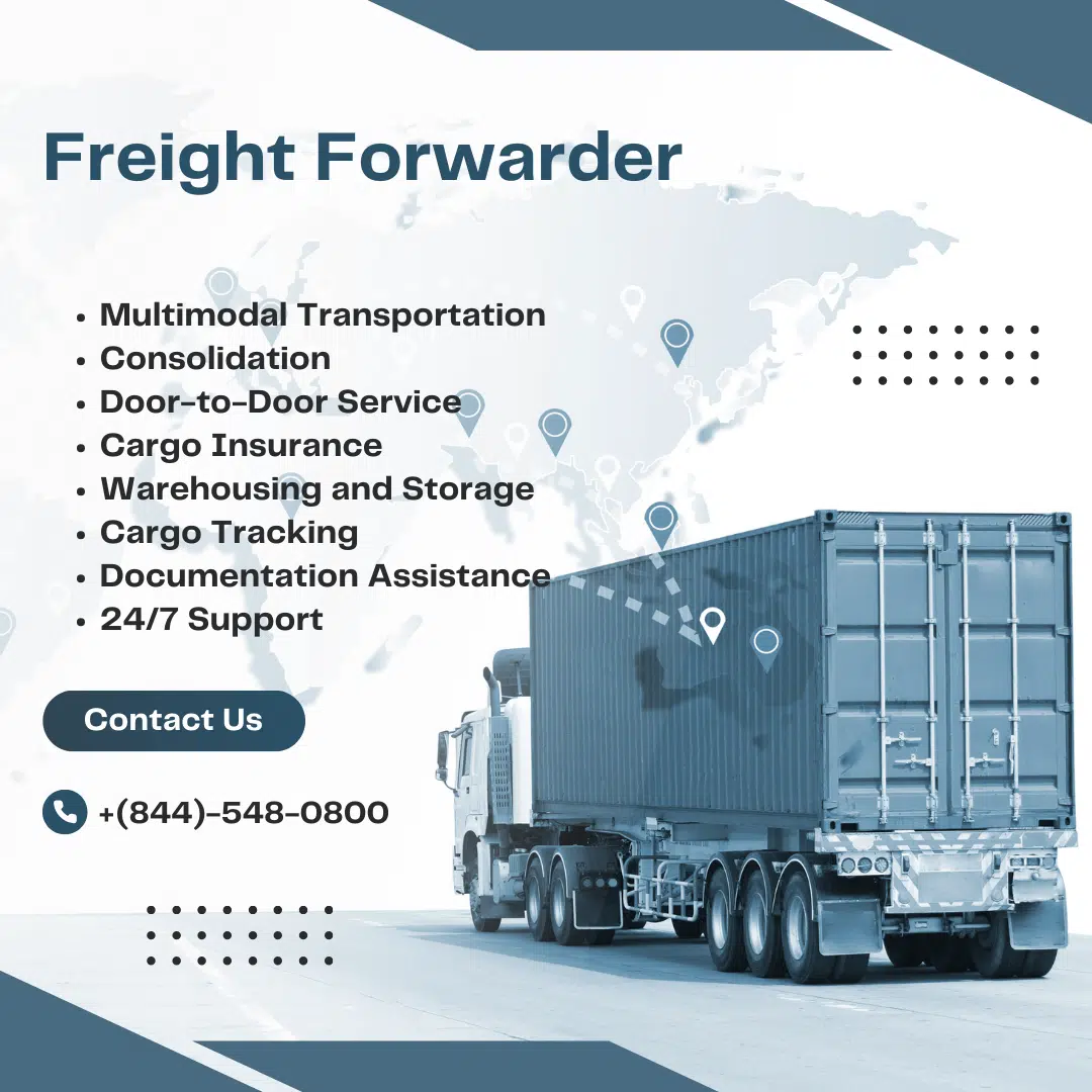 A blue and white shipping container with text listing services provided by freight forwarders from China to USA. Services include multimodal transportation, consolidation, door-to-door service, customs clearance, cargo insurance, warehousing and storage, and cargo tracking.